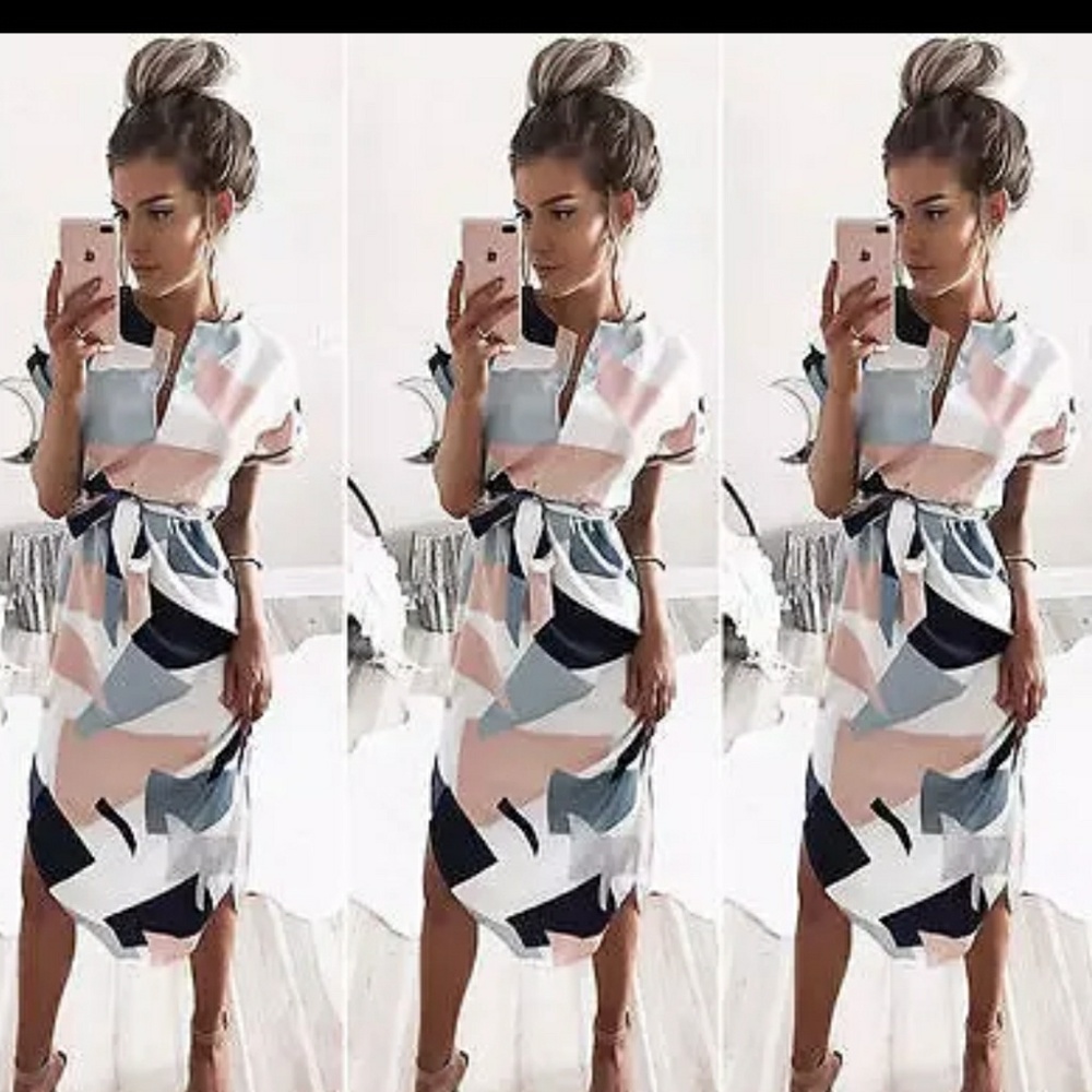 Womens Geo Print Midi Waist Tie Dress NEW - Picture 3 of 7